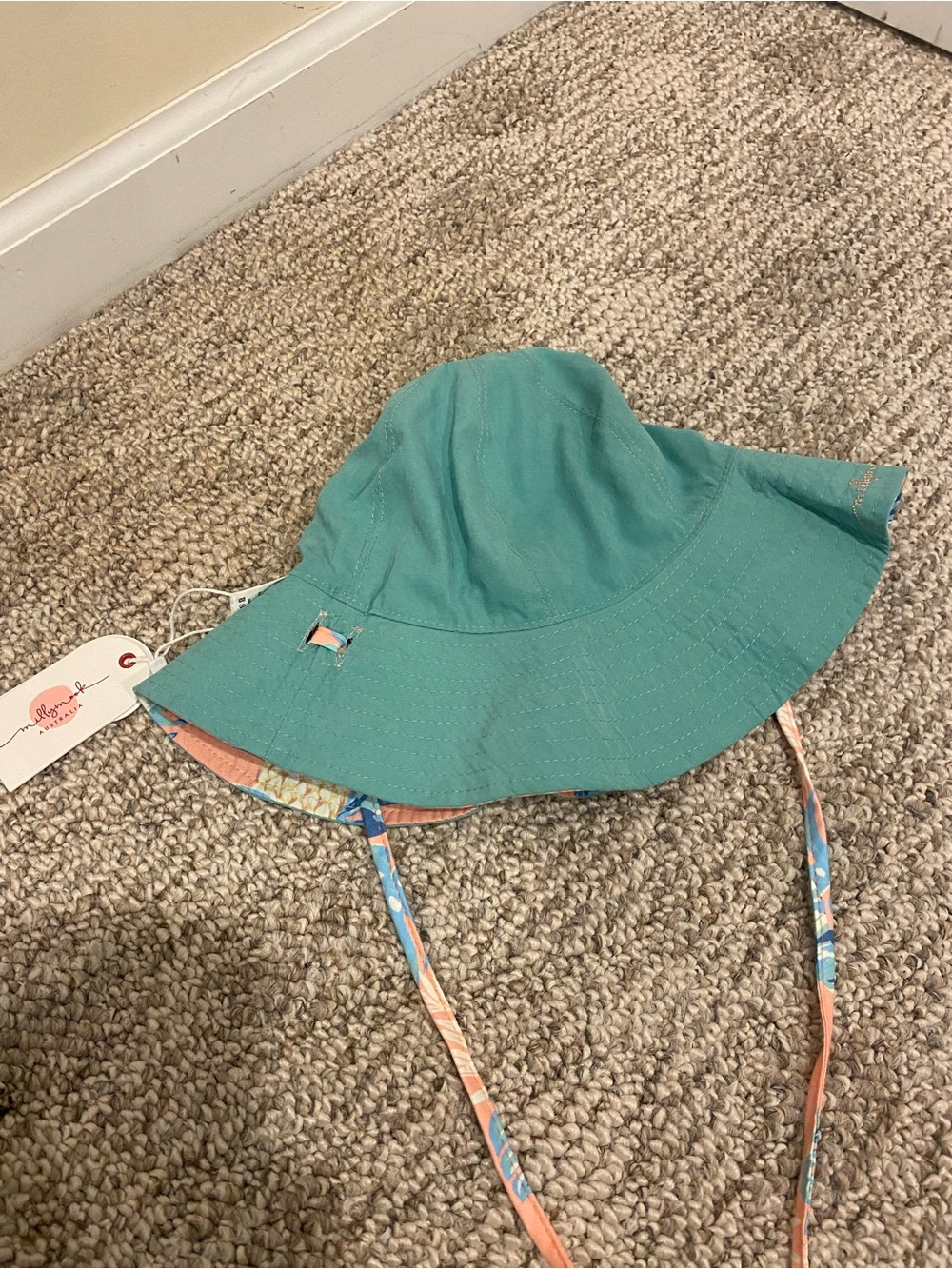 Girls Teal Sun Hat with Floral Chin Straps